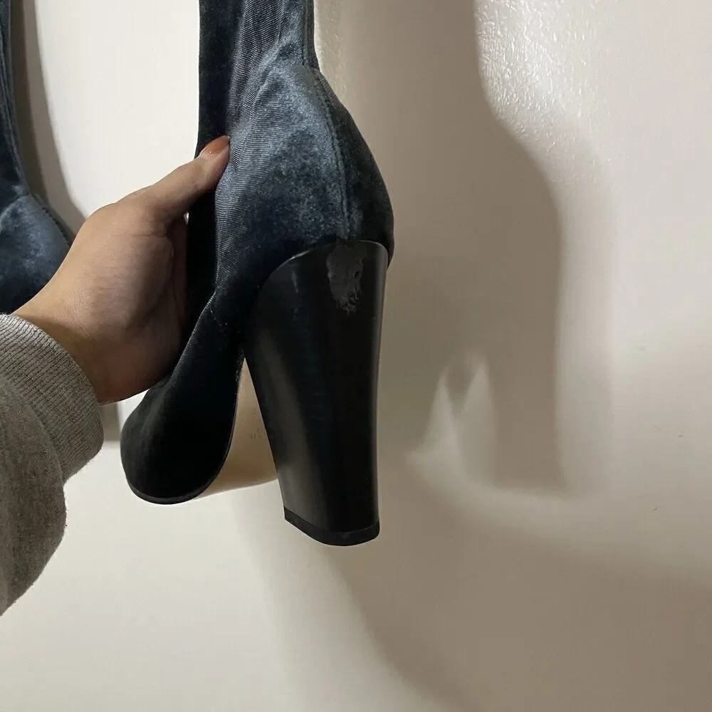 ZARA teal blue point toe velvet velour thigh high sock heeled boots 37 US 6.5